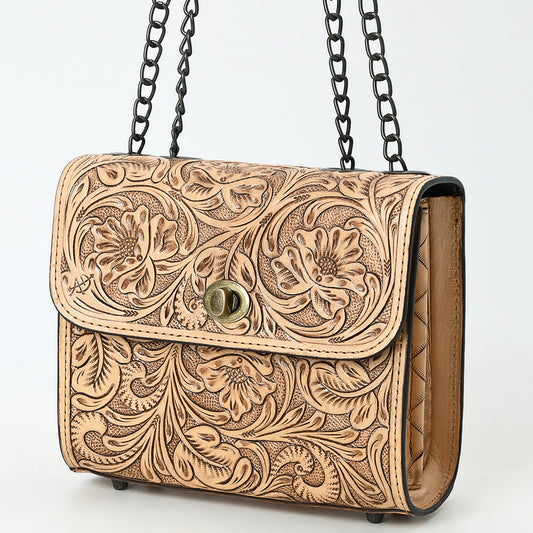 ADBG1630 Tooled Floral Leather Crossbody Bag with Antique Brass Turn Lock & Chain Strap