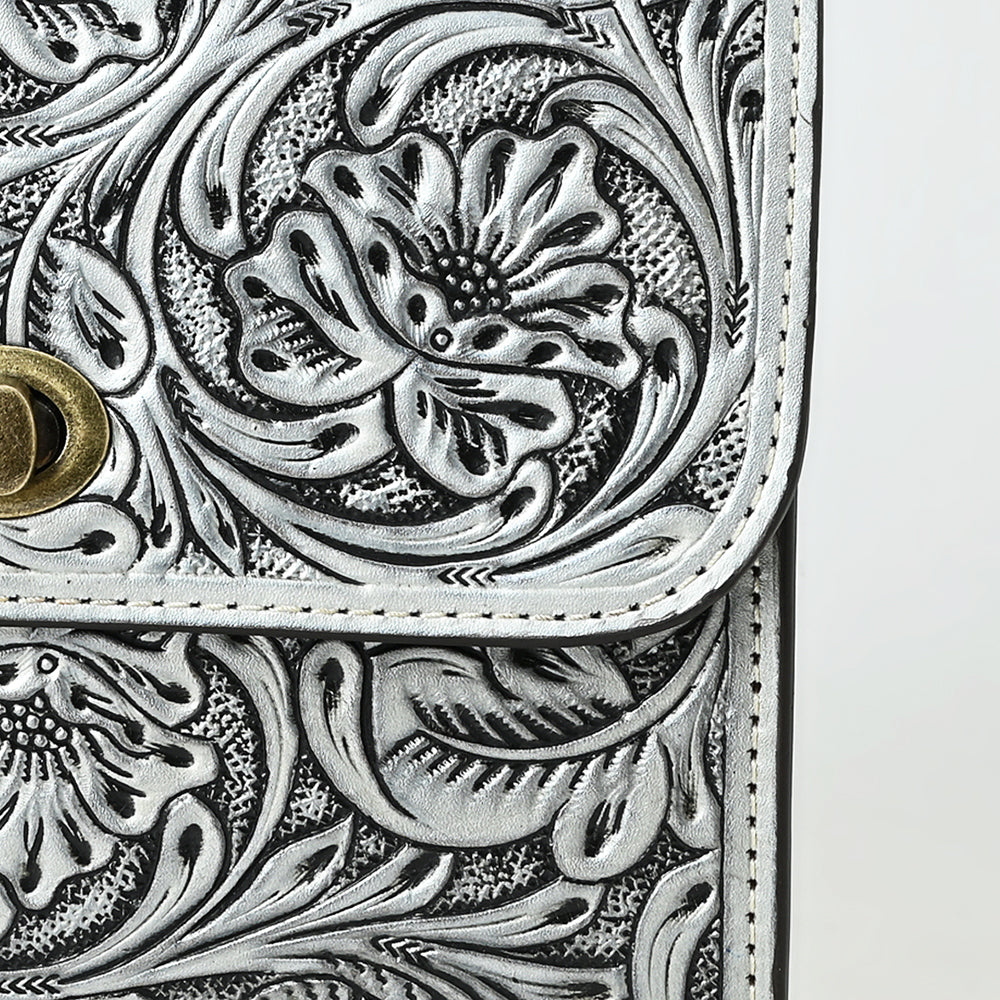 ADBG1630 Tooled Floral Leather Crossbody Bag with Antique Brass Turn Lock & Chain Strap