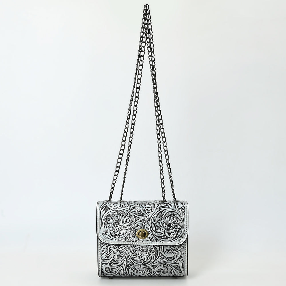 ADBG1630 Tooled Floral Leather Crossbody Bag with Antique Brass Turn Lock & Chain Strap