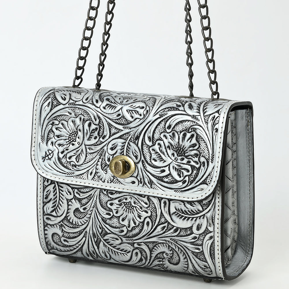 ADBG1630 Tooled Floral Leather Crossbody Bag with Antique Brass Turn Lock & Chain Strap