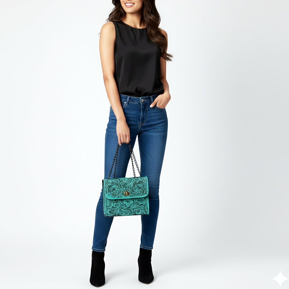 ADBG1630 Tooled Floral Leather Crossbody Bag with Antique Brass Turn Lock & Chain Strap