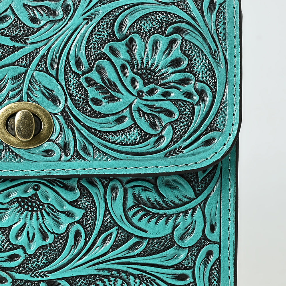 ADBG1630 Tooled Floral Leather Crossbody Bag with Antique Brass Turn Lock & Chain Strap
