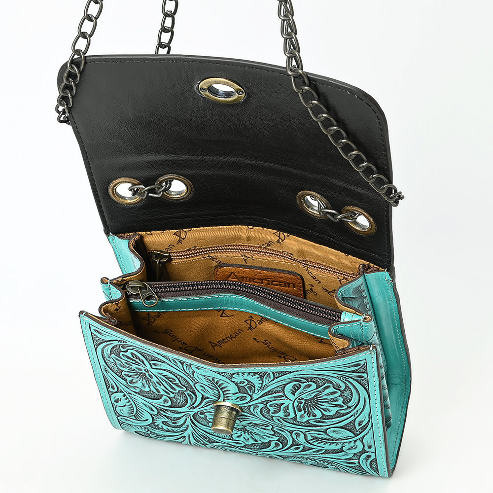 ADBG1630 Tooled Floral Leather Crossbody Bag with Antique Brass Turn Lock & Chain Strap