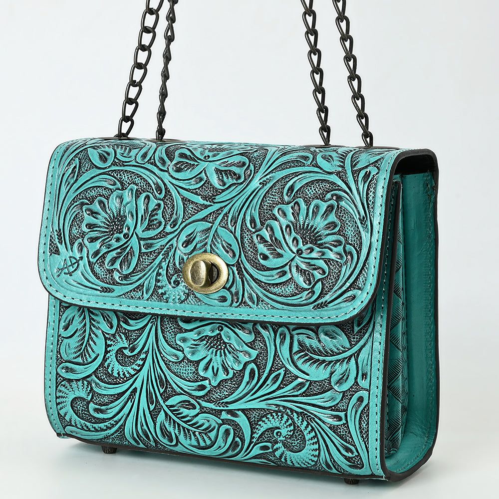 ADBG1630 Tooled Floral Leather Crossbody Bag with Antique Brass Turn Lock & Chain Strap