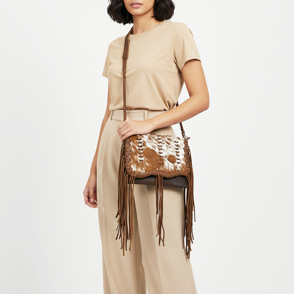 ADBGM518 Hair-On Cowhide Crossbody Clutch Bag with Fringe - Western Leather Boho Saddle Purse