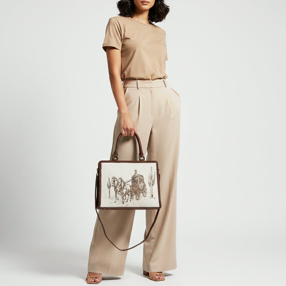 ADBGM520 Hair-On Cowhide Stagecoach Leather Tote with Crossbody Strap - Western Heritage Handbag
