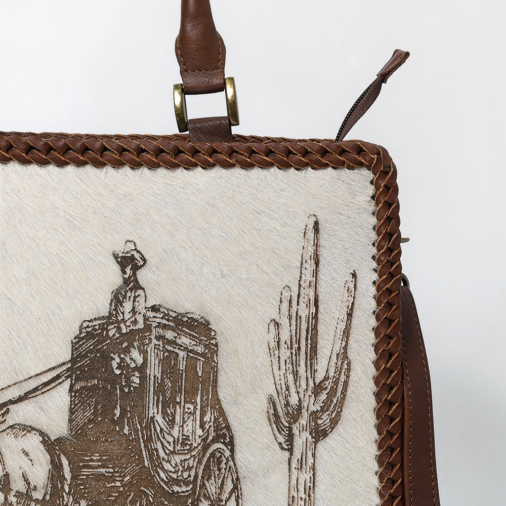 ADBGM520 Hair-On Cowhide Stagecoach Leather Tote with Crossbody Strap - Western Heritage Handbag