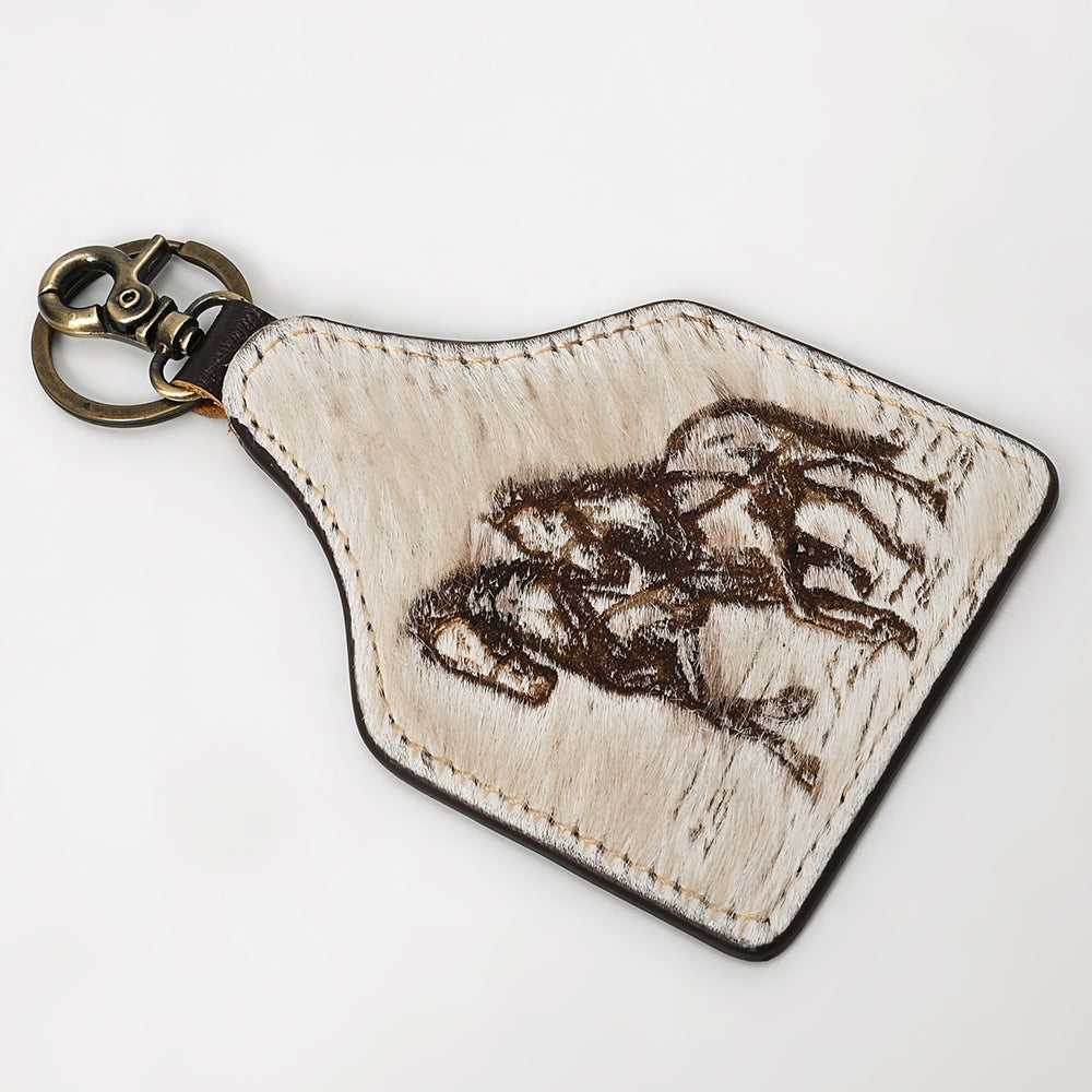 ADKRM118 Hair-On Cowhide Keyring   Laser-Etched Galloping Horses