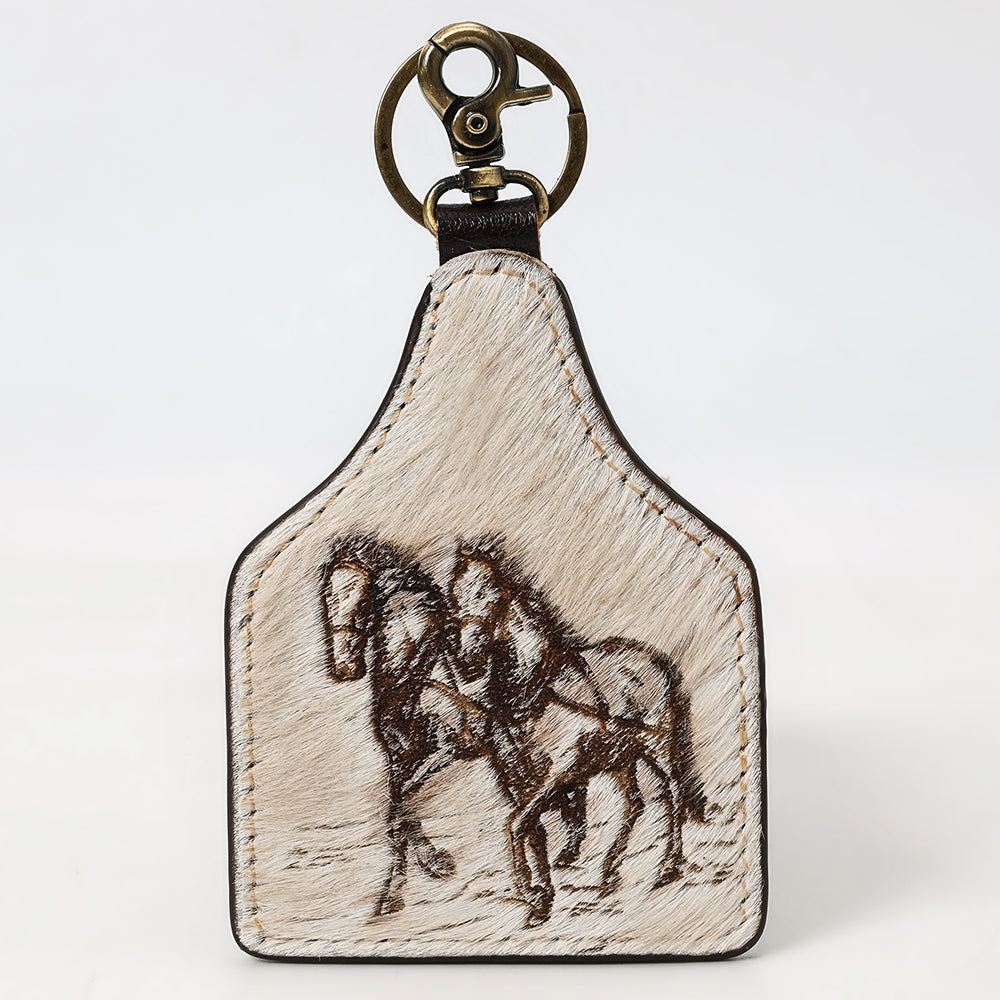 ADKRM118 Hair-On Cowhide Keyring   Laser-Etched Galloping Horses