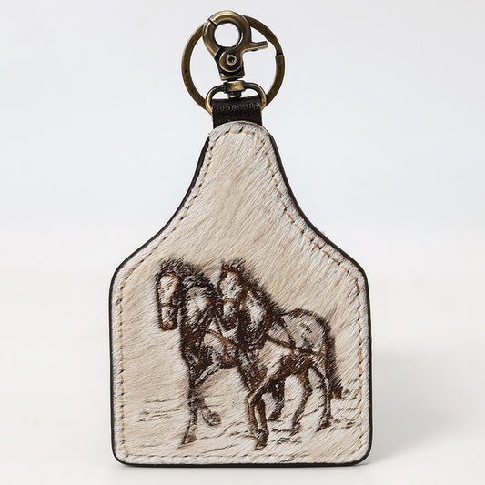 ADKRM118 Hair-On Cowhide Keyring   Laser-Etched Galloping Horses