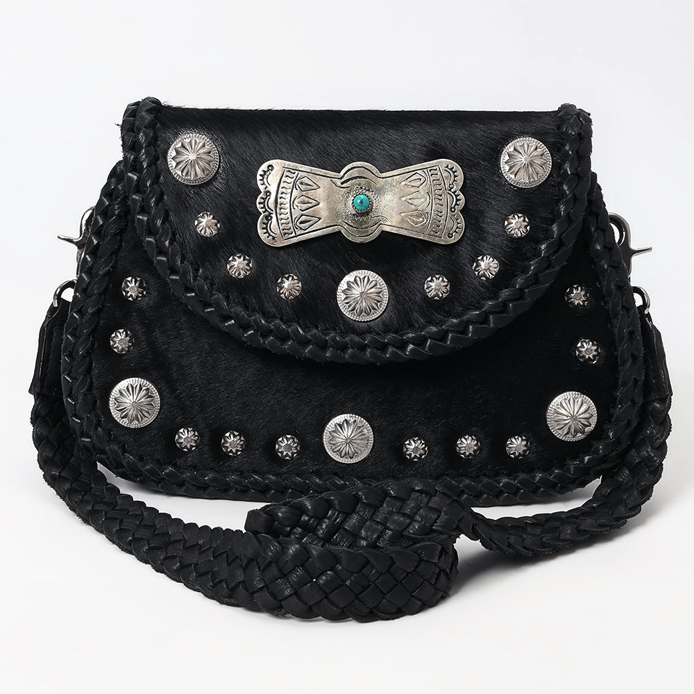 ADBGM521 Black Hair-On Leather Crossbody with Silver Conchos - Western Turquoise Accent Bag