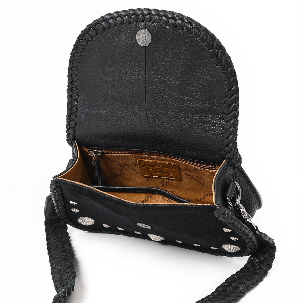 ADBGM521 Black Hair-On Leather Crossbody with Silver Conchos - Western Turquoise Accent Bag