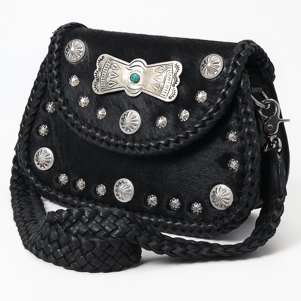 ADBGM521 Black Hair-On Leather Crossbody with Silver Conchos - Western Turquoise Accent Bag