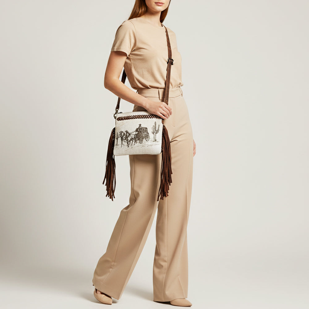 ADBGM523 Western Fringe Crossbody Bag with Stagecoach Design - Hair-On Cowhide Leather Purse
