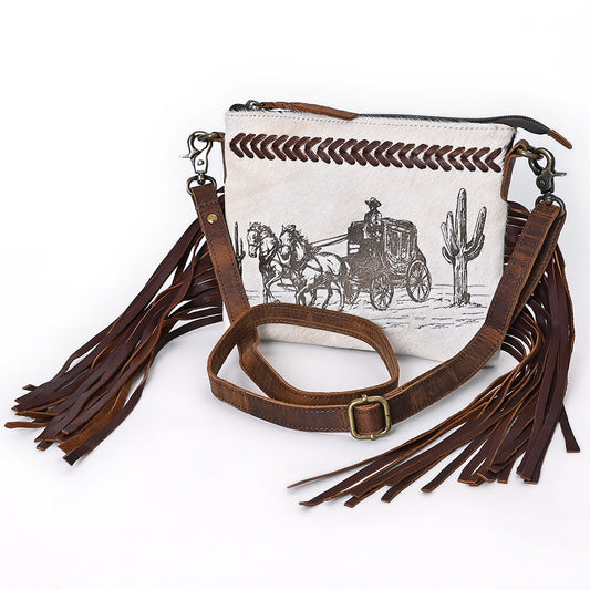 ADBGM523 Western Fringe Crossbody Bag with Stagecoach Design - Hair-On Cowhide Leather Purse