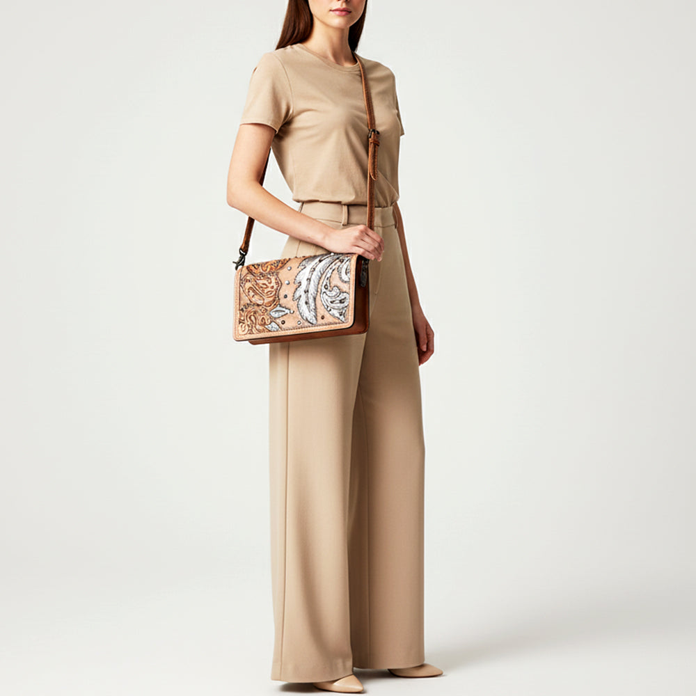 ADBG1631 Western Floral Tooled Leather Organizer Wallet - Handmade Cowhide Wristlet by American Darling