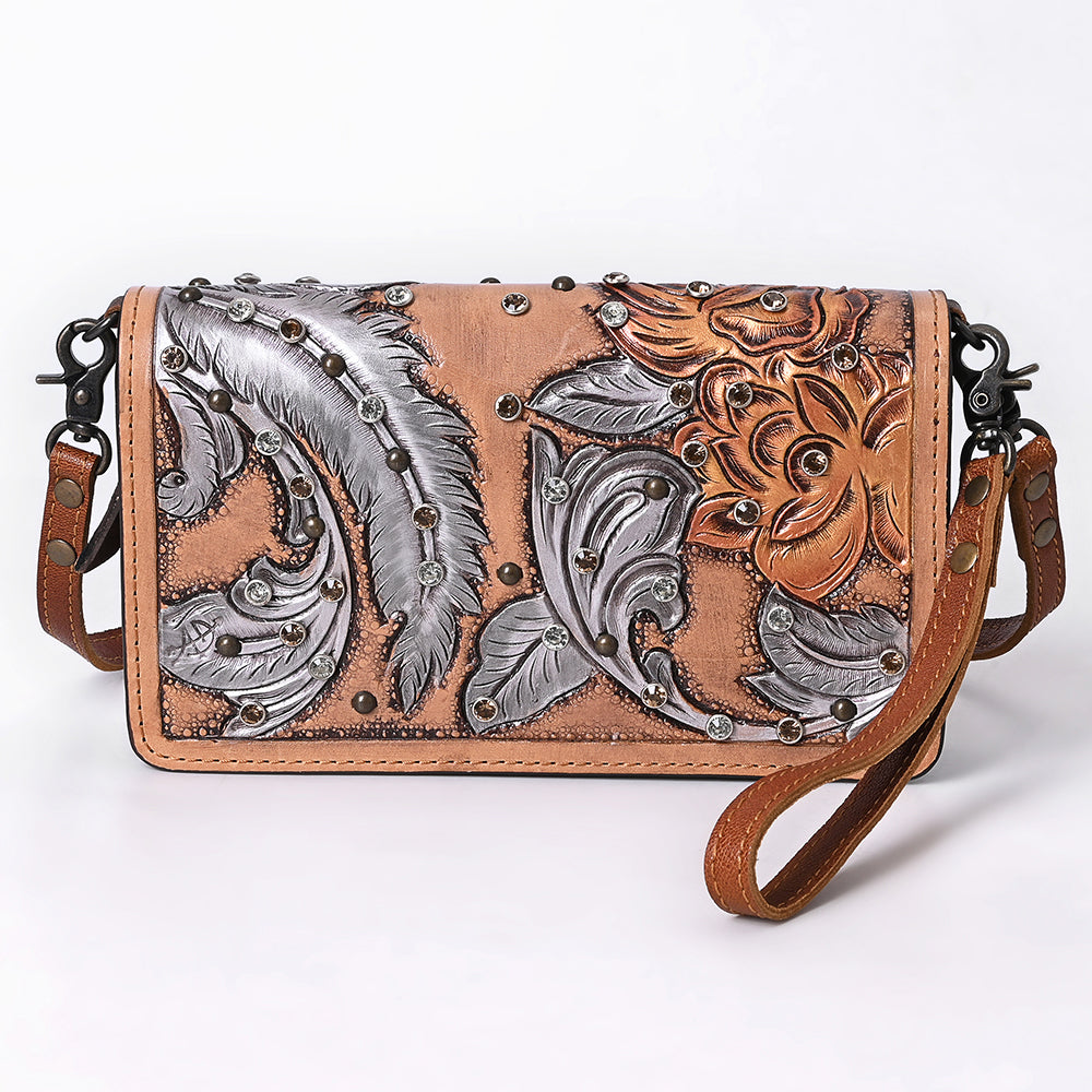 ADBG1631 Western Floral Tooled Leather Organizer Wallet - Handmade Cowhide Wristlet by American Darling