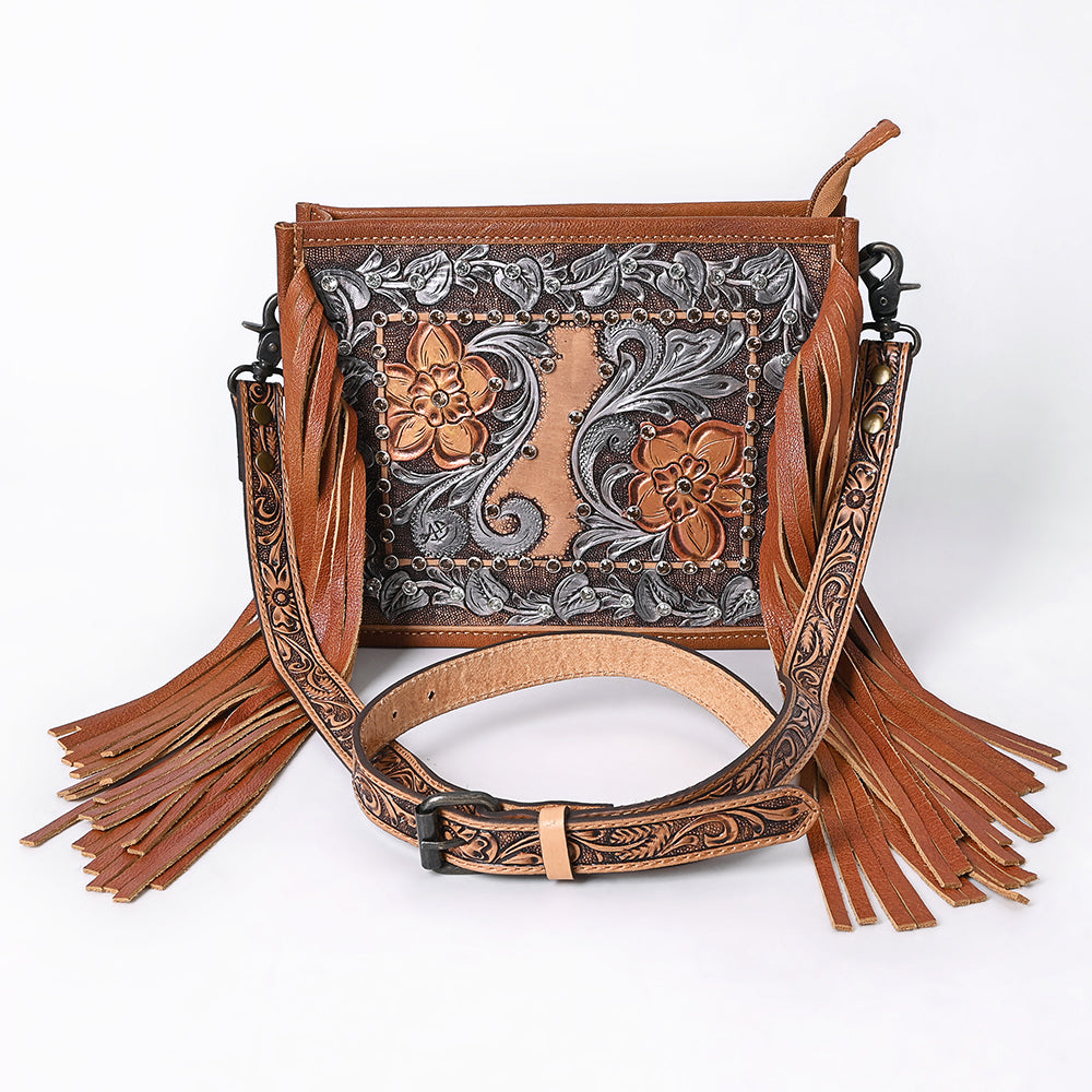 ADBG1632 Tooled Leather Crossbody Bag with Floral Inlay, Fringe, and Hand-Carved Strap