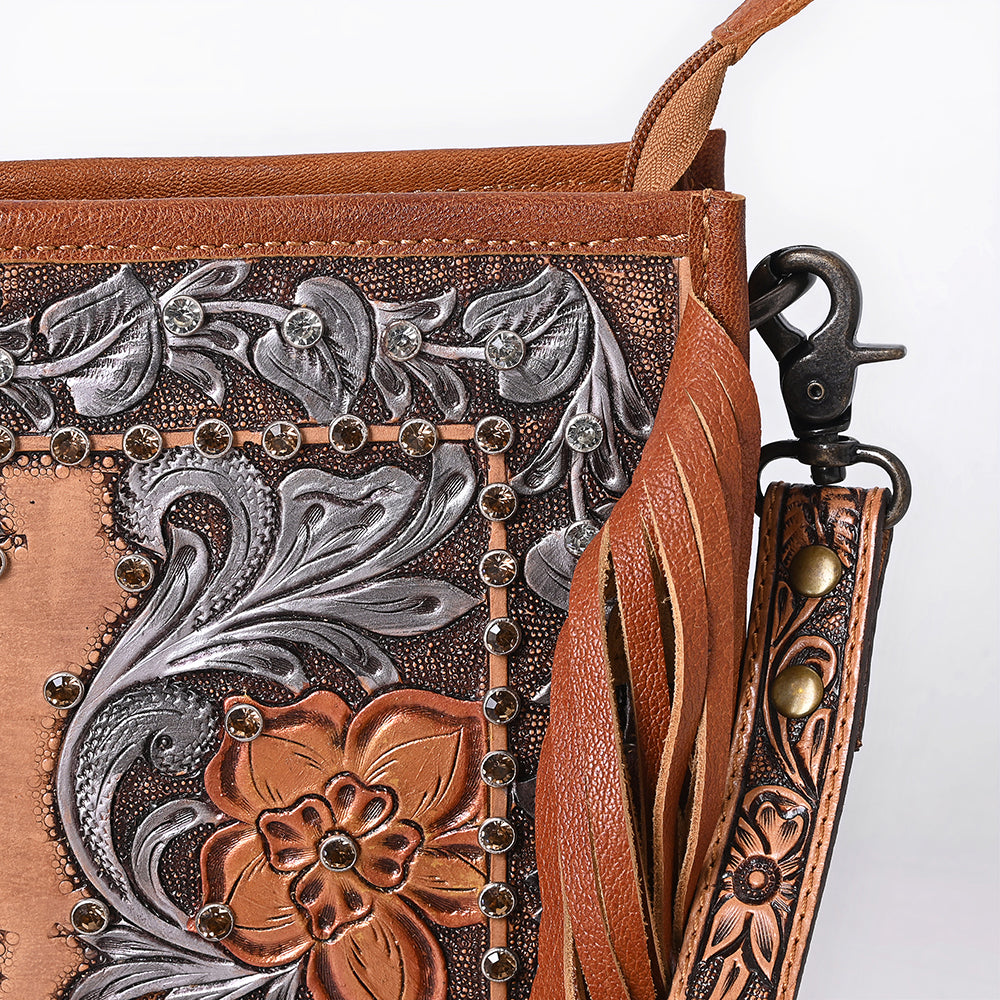ADBG1632 Tooled Leather Crossbody Bag with Floral Inlay, Fringe, and Hand-Carved Strap