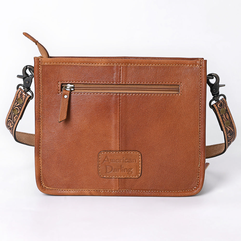 ADBG1632 Tooled Leather Crossbody Bag with Floral Inlay, Fringe, and Hand-Carved Strap