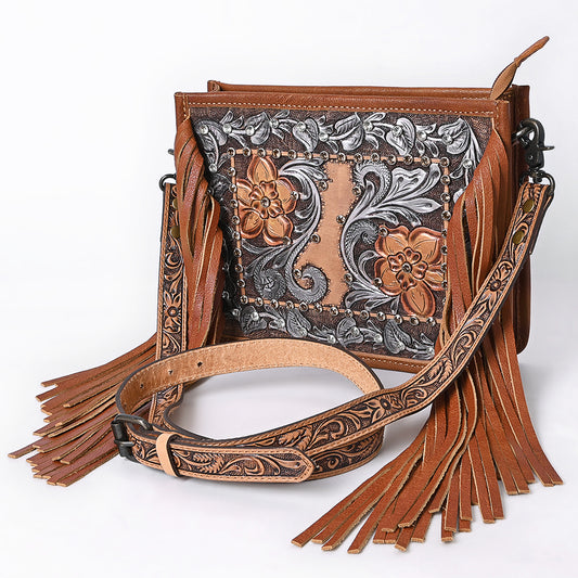 ADBG1632 Tooled Leather Crossbody Bag with Floral Inlay, Fringe, and Hand-Carved Strap