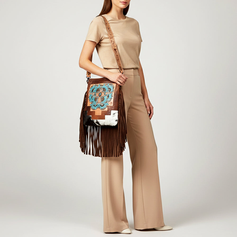 ADBG1633 Leather Thunderbird Messenger Bag with Turquoise Accents, Fringe & Tooled Strap