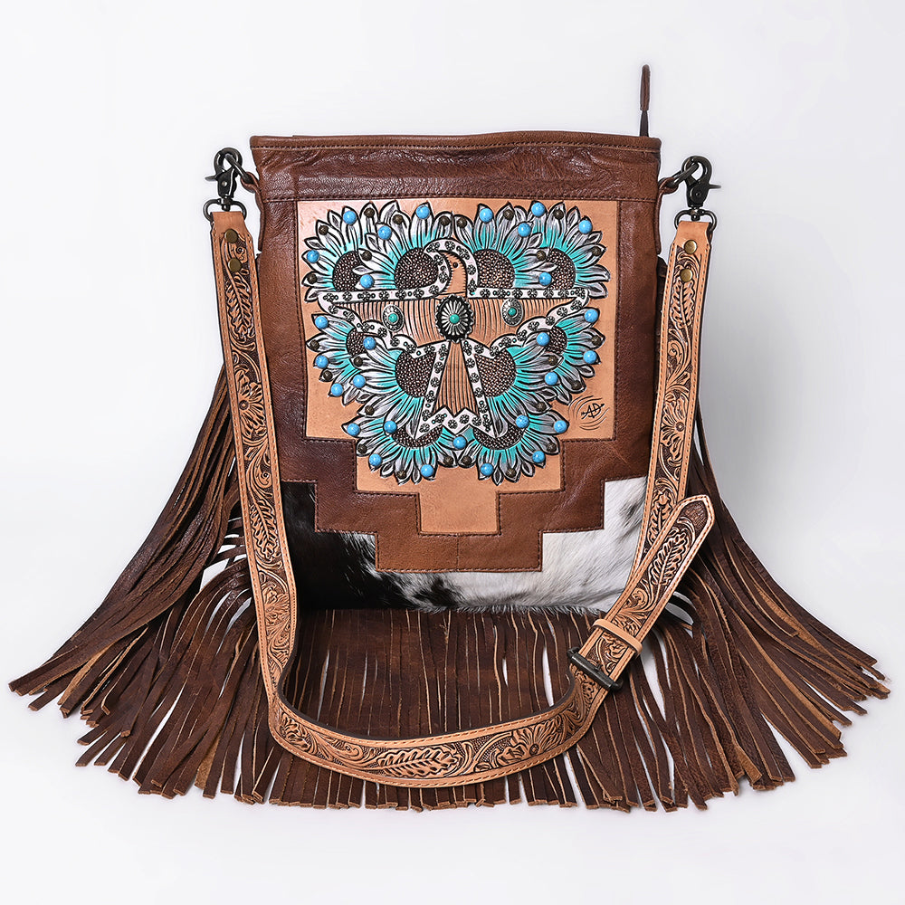 ADBG1633 Leather Thunderbird Messenger Bag with Turquoise Accents, Fringe & Tooled Strap
