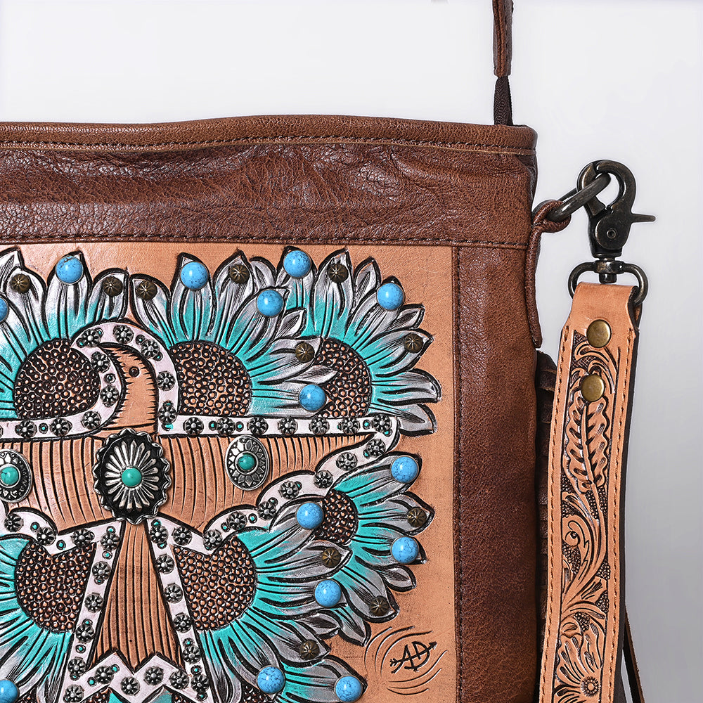 ADBG1633 Leather Thunderbird Messenger Bag with Turquoise Accents, Fringe & Tooled Strap
