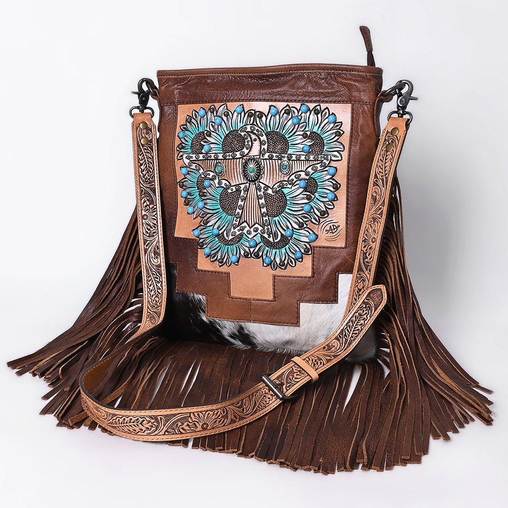 ADBG1633 Leather Thunderbird Messenger Bag with Turquoise Accents, Fringe & Tooled Strap