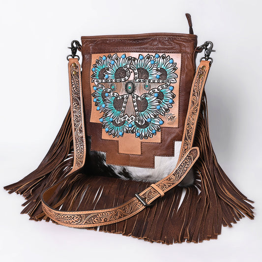 ADBG1633 Leather Thunderbird Messenger Bag with Turquoise Accents, Fringe & Tooled Strap