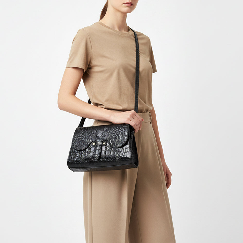 ADBG1635A Black Croc-Embossed Leather Crossbody Bag with Flap Closure & Adjustable Strap
