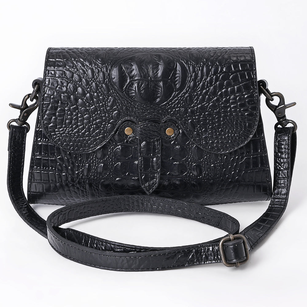 ADBG1635A Black Croc-Embossed Leather Crossbody Bag with Flap Closure & Adjustable Strap