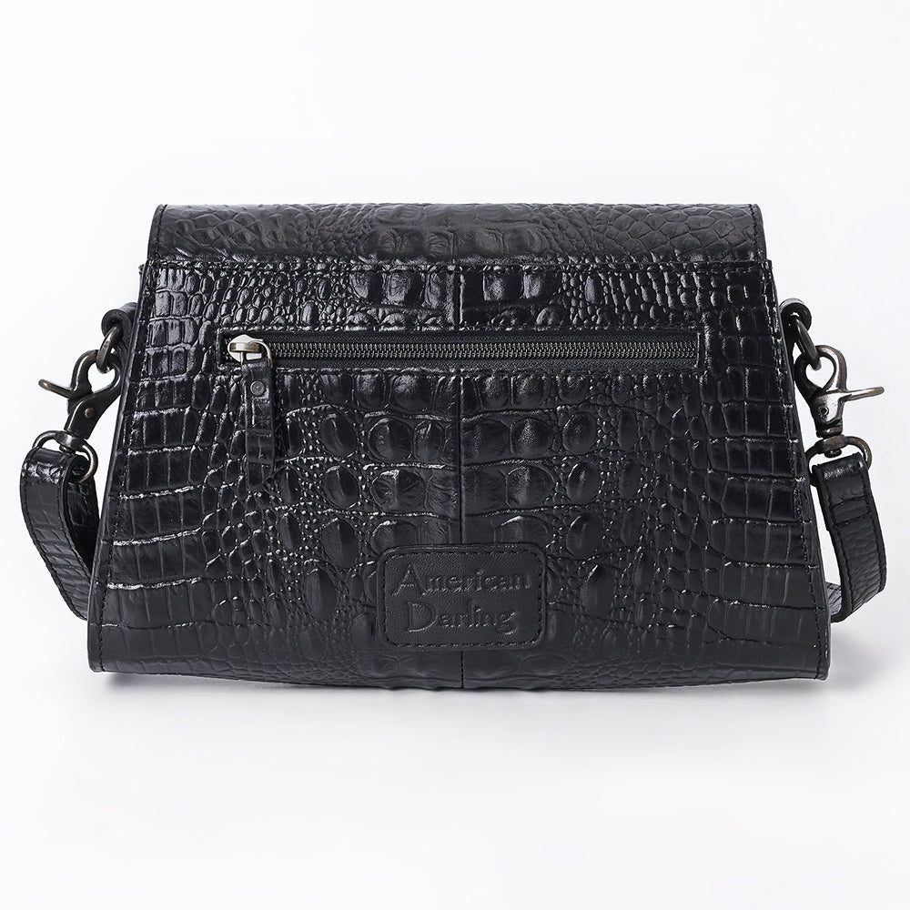 ADBG1635A Black Croc-Embossed Leather Crossbody Bag with Flap Closure & Adjustable Strap