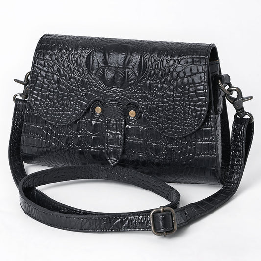 ADBG1635A Black Croc-Embossed Leather Crossbody Bag with Flap Closure & Adjustable Strap