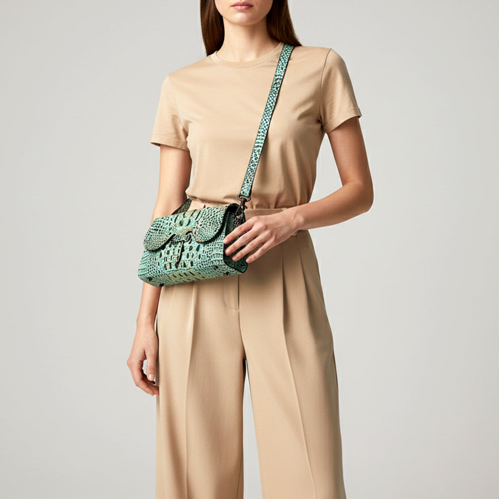 ADBG1635 Turquoise Croc-Embossed Leather Crossbody Bag with Scalloped Flap & Adjustable Strap
