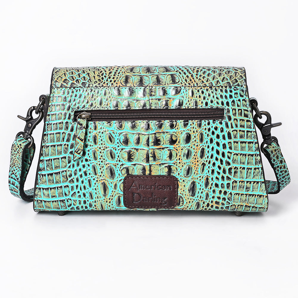 ADBG1635 Turquoise Croc-Embossed Leather Crossbody Bag with Scalloped Flap & Adjustable Strap
