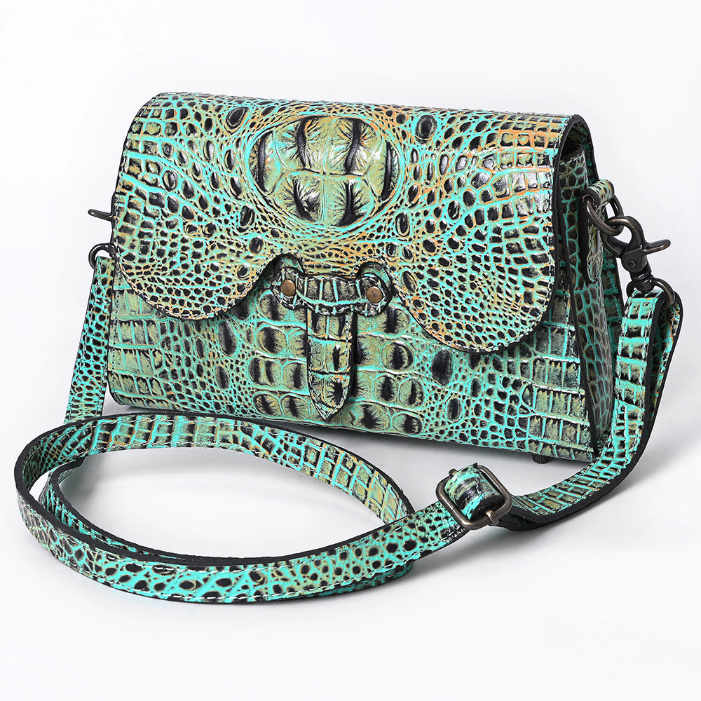 ADBG1635 Turquoise Croc-Embossed Leather Crossbody Bag with Scalloped Flap & Adjustable Strap