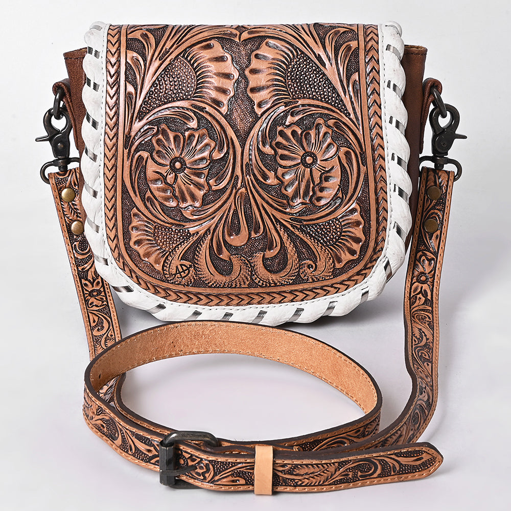 ADBG1636 Tooled Leather Crossbody Bag with White Whipstitch Trim and Carved Strap