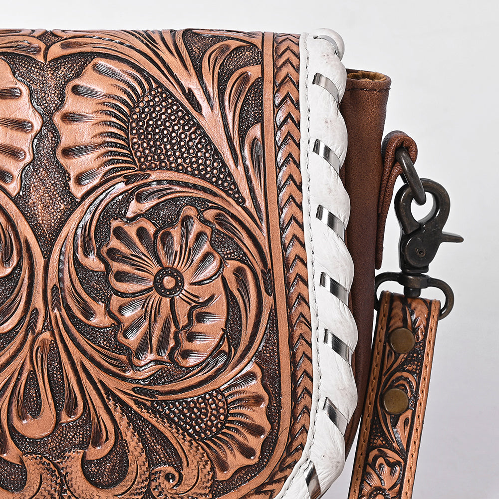 ADBG1636 Tooled Leather Crossbody Bag with White Whipstitch Trim and Carved Strap