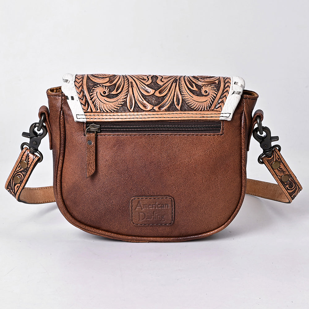 ADBG1636 Tooled Leather Crossbody Bag with White Whipstitch Trim and Carved Strap