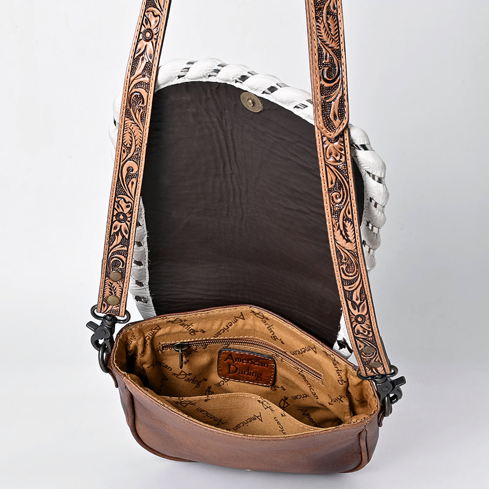 ADBG1636 Tooled Leather Crossbody Bag with White Whipstitch Trim and Carved Strap