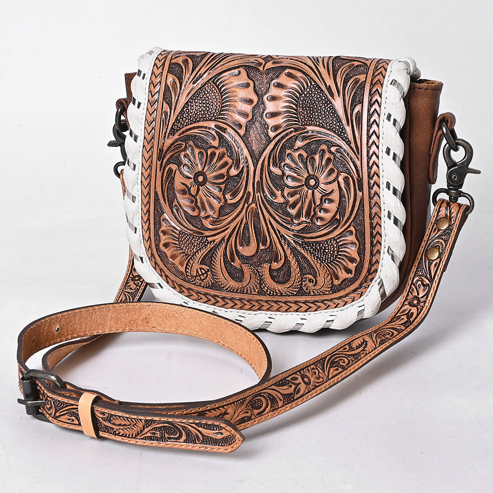 ADBG1636 Tooled Leather Crossbody Bag with White Whipstitch Trim and Carved Strap