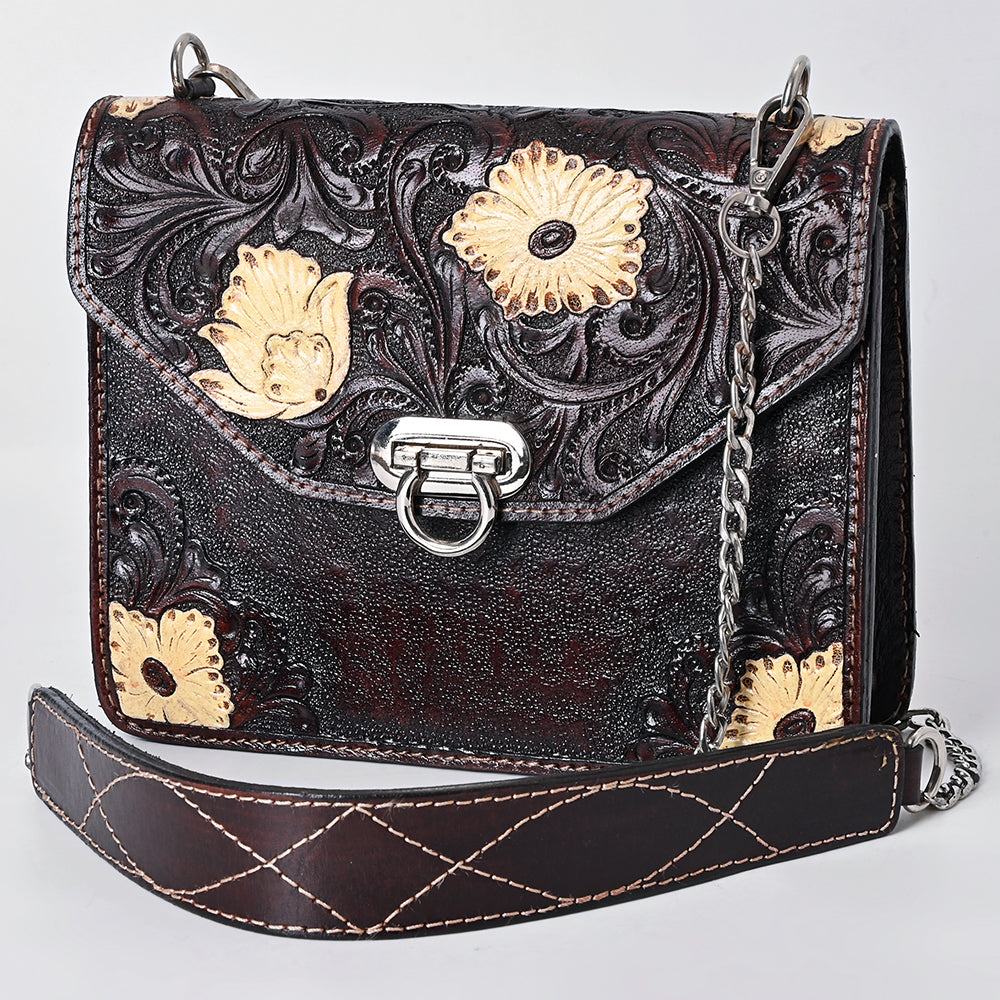 ADBGA679 Hand-Tooled Leather Messenger Bag with Floral Design & Chain Strap
