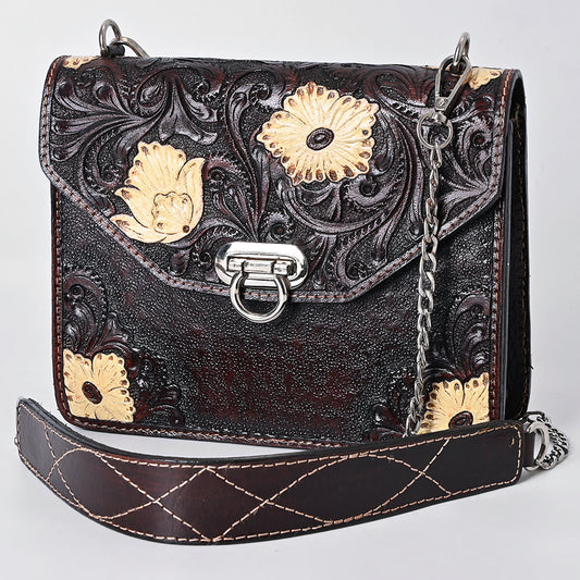 ADBGA679 Hand-Tooled Leather Messenger Bag with Floral Design & Chain Strap