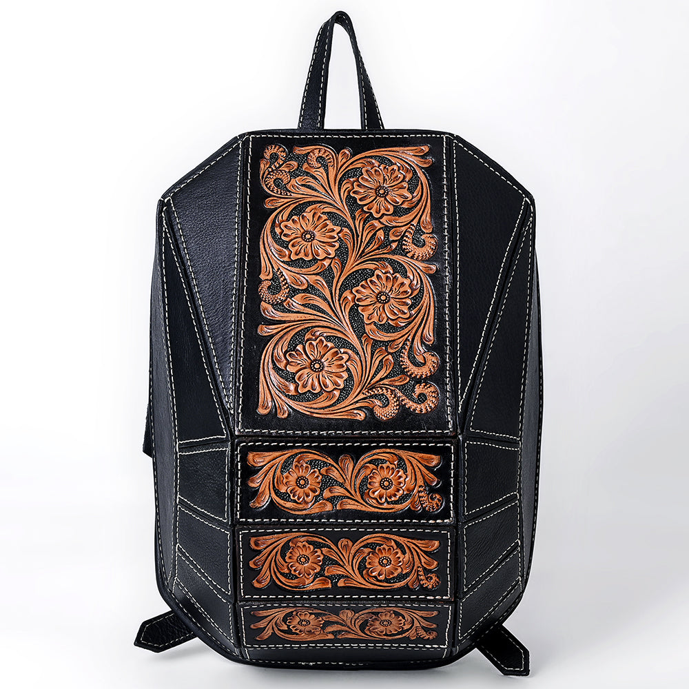 ADBGA680 Hand-Tooled Black Leather Western Backpack with Floral Carving