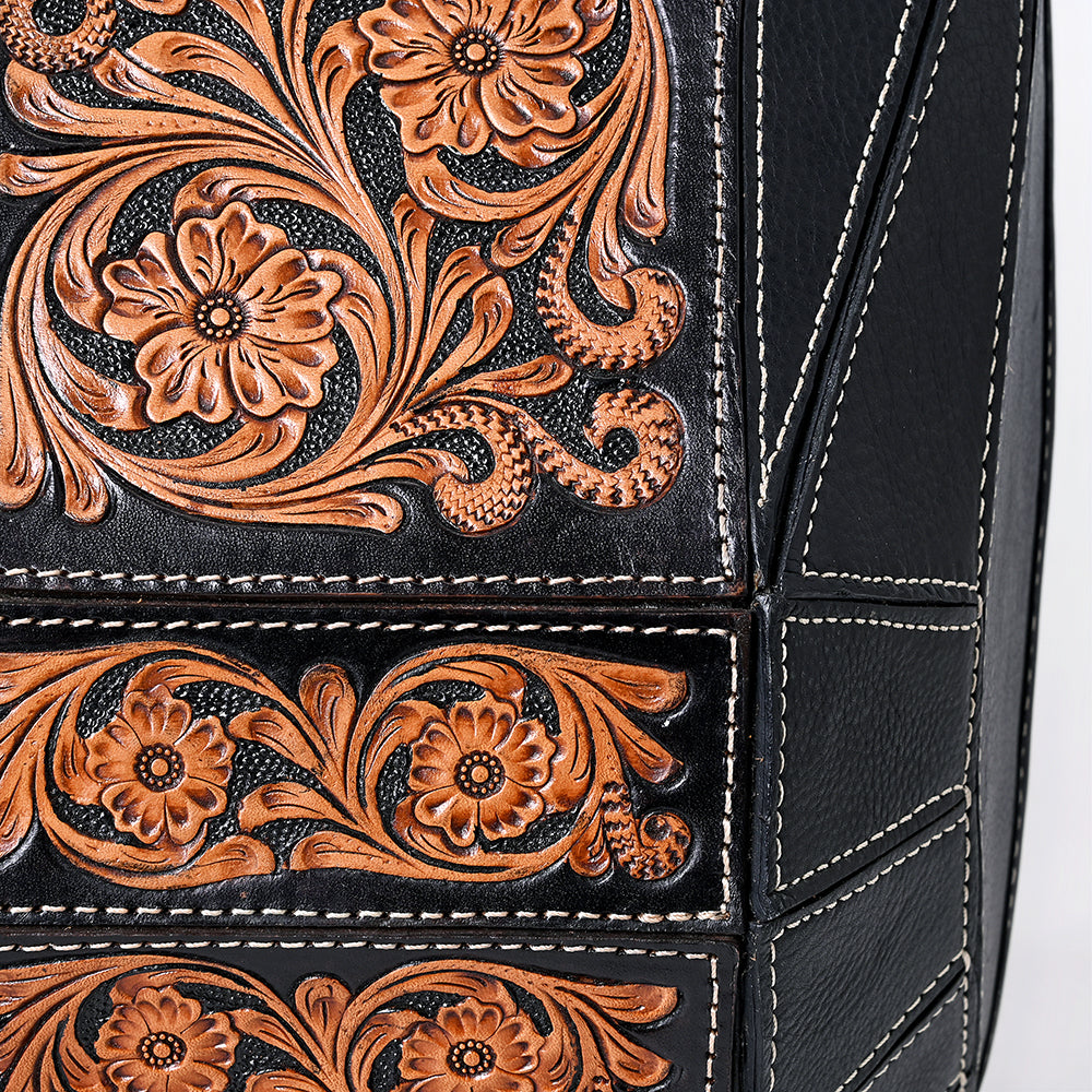 ADBGA680 Hand-Tooled Black Leather Western Backpack with Floral Carving