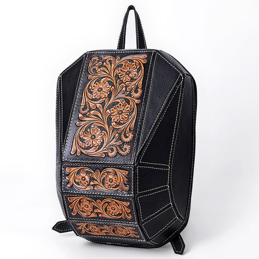 ADBGA680 Hand-Tooled Black Leather Western Backpack with Floral Carving