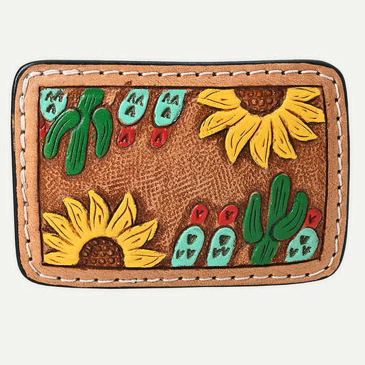 ADBLF101-BU Hand-Painted Sunflower & Cactus Western Leather Belt Buckle