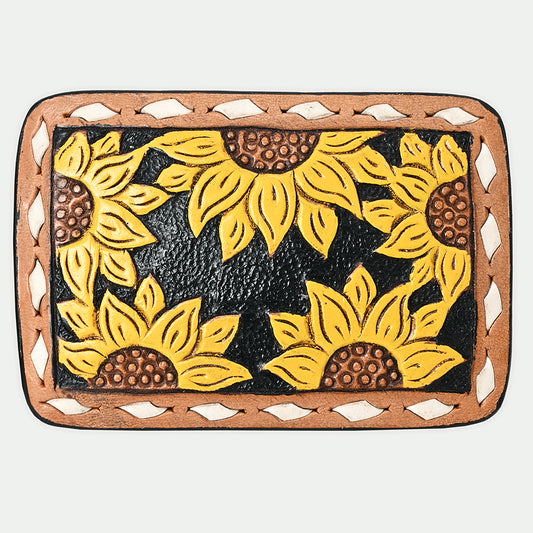 ADBLF102-BU Hand-Painted Sunflower Tooled Leather Belt Buckle Black & Yellow