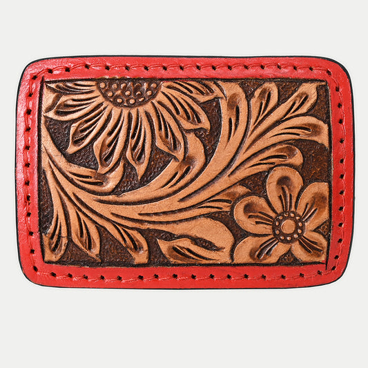 ADBLF103-BU Tooled Leather Floral Belt Buckle with Red Trim